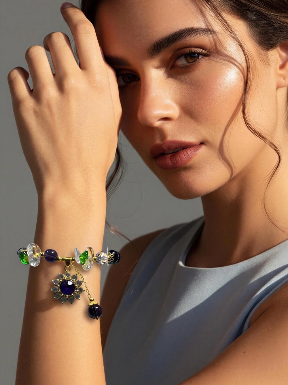 Gold-Tone Multicolor Crystal Charm Bracelet with Purple Accent